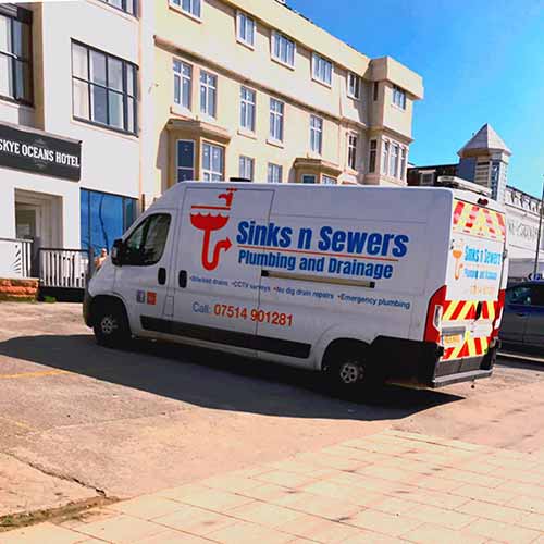 Sinks n Sewers van at the front of a hotel for a drain unblocking blackpool job